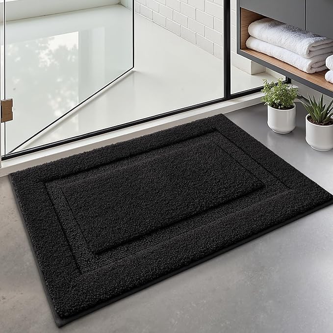 LUMI Ultra Soft Bathroom Rugs Non Slip with Rubber Backing, Absorbent Washable Bath Mat Quick Dry, Upgraded Premium Microfiber Plush Carpet for Bathtub and Shower Floor, Black, 17x30