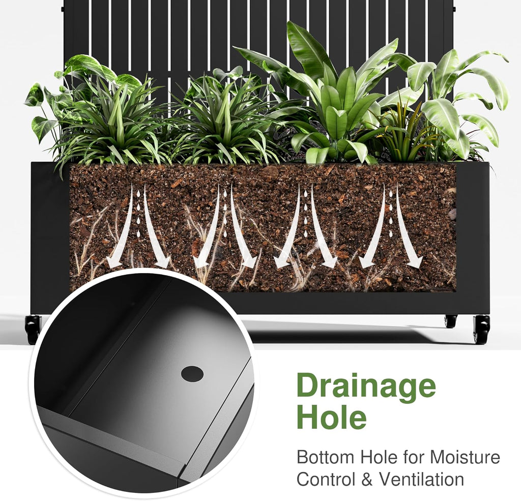 Casaphoria Metal Raised Garden Bed with Trellis and Wheels, 72"x47"x16" Arched Planter Box for Climbing Plants, Vegetables & Vines, Features Drainage Holes and Privacy Screen (Black-Fence)