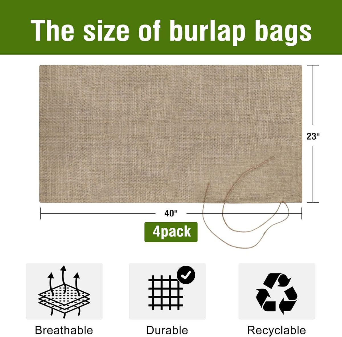 Agfabric Burlap Sacks, 4 Pack 23"×40" Burlap Storage Bag with Strings, Reusable Potato Storage Bag for Food Storage Plant Gardening Planting, Food Grade, Set of 4