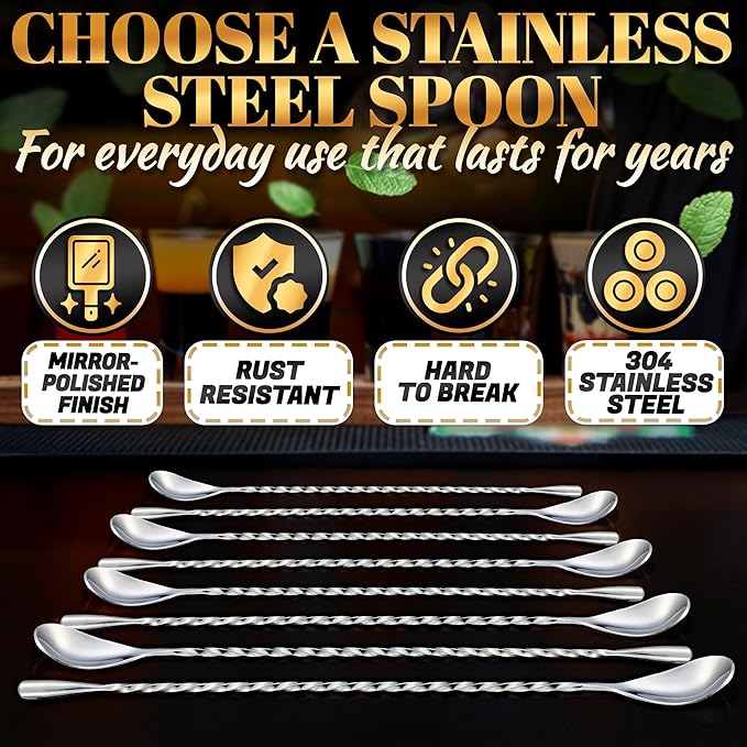 8 Pcs Bar Spoon Cocktail Mixing Spoon – 12'' Stainless Steel Cocktail Stirrers for Drinks, Polished Surface, Easy to Clean – Useful Bar Spoons for Professional and Home | Caviar Spoons