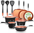 NutriChef 14-Piece Non-Stick Pots & Pans Set - Multi-Sized Cooking Pots with Lids, Small and Medium Frying Pans with Slotted Spatula, Pasta Server, Soup Ladle, Silicone Handles (Copper Color)