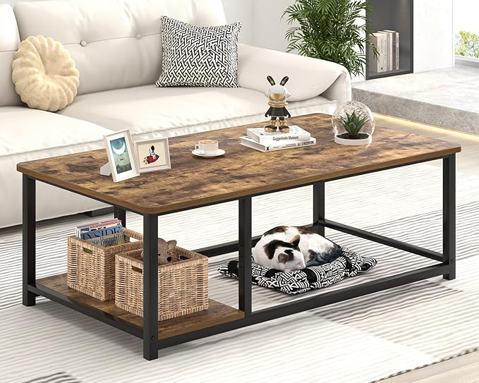 EXCEFUR Modern Coffee Table, Rustic Wood and Metal Living Room Table with Storage Shelf, Industrial Brown, 47 Inch