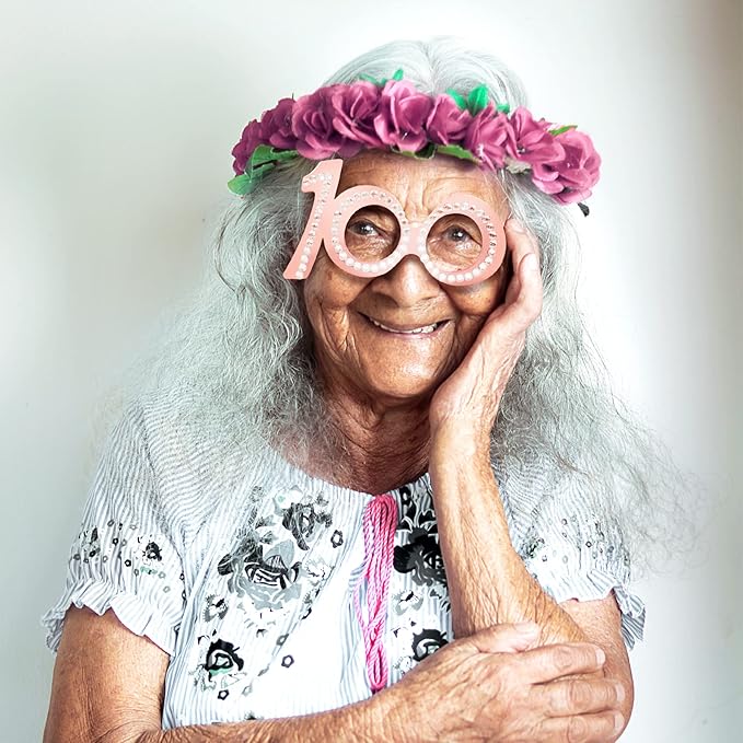 100th Birthday Glasses - 6 Pairs Rose Gold 100 Years Old Glasses with Rhinestones Frame, Funny Plastic Costume Photo Booth Props for 100th Anniversary Party Decorations