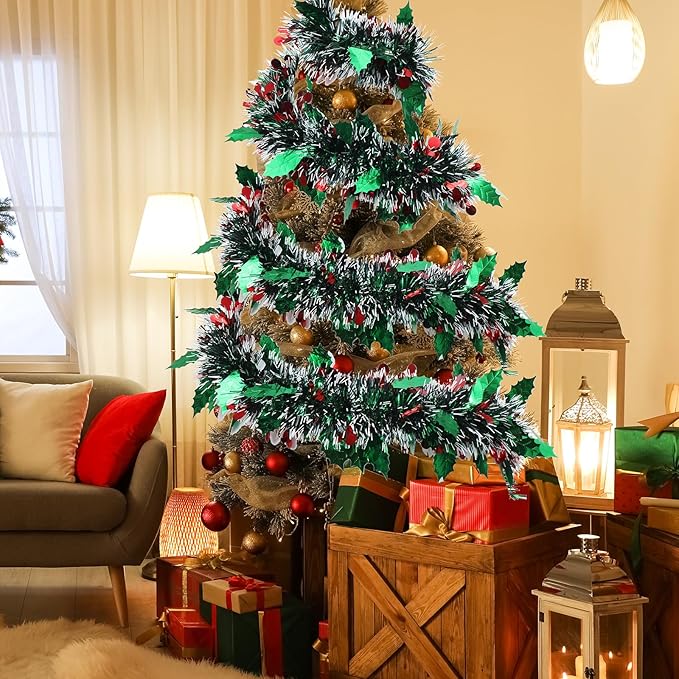 72 Feet Christmas Tinsel Garland Shiny Metallic Tinsel Twist Garland Streamers Ornaments Long Glitter Christmas Tree Hanging Decorations for Party Holiday Wedding Birthday Tree (Dark Green White)