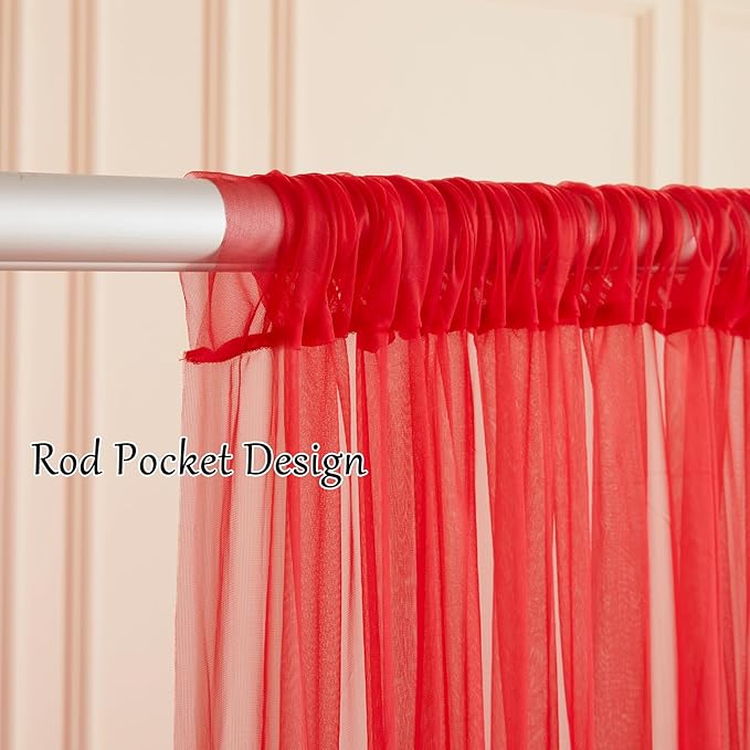 30×10ft Red Tulle Backdrop Curtain with Lights String for Parties, Sheer Photo Backdrop Curtains for Wedding Party Photography Background