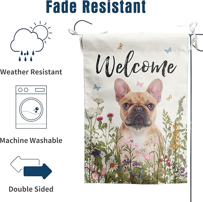 Floral French Bulldog Garden Flag Spring Summer Yard Flag Flower Dog Garden Flags for Outside Small Outdoor Welcome Flags 12x18 Double Sided