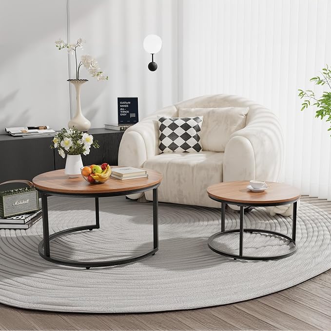 Nesting Tables Set of 2, 31.5" Round Coffee Table, Small Nesting Coffee Table with Adjustable Non-Slip Fee, Wood Grain Top Nesting Tables for Living Room, Bedroom (Wood Grain Brown)