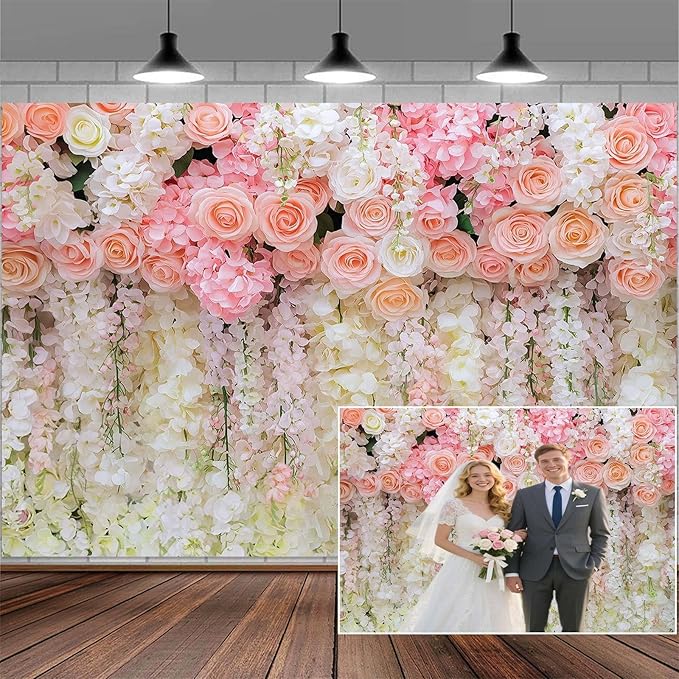 12x10ft Pink Rose Flower Wedding Photography Backdrop Spring Floral Photography Backdrop Valentine's Day Mother's Day Girl Birthday Baby Shower Wedding Bridal Party Banner Photo Booth Props Background