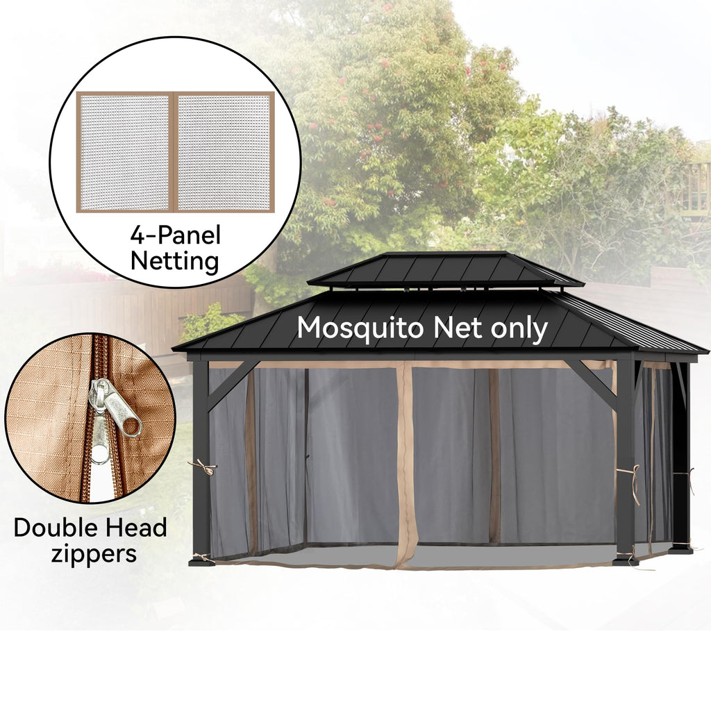 Covered Outdoor Gazebo Mosquito Netting Replacement Universal 4-Panel Sidewalls 12' x 16', Outdoor Gazebo Mosquito Nettings with Double Zipper, Replacement for Patio Canopy, Garden (Mosquito Net Only)