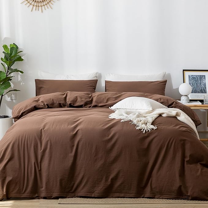MooMee Bedding Duvet Cover Set 100% Washed Cotton Linen Like Textured Breathable Durable Soft Comfy (Solid Cocoa Brown, Twin 68"x90")