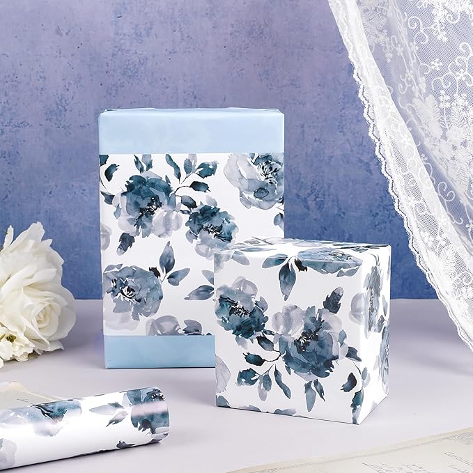 RUSPEPA Reversible Floral Wrapping Paper for Girls Women, Mini Roll, Watercolor Blue Floral and Solid Blue Gift Wrap Paper for Birthday, Wedding, Mother's Day, Bridal Shower, 17 Inches x 16.4 Feet