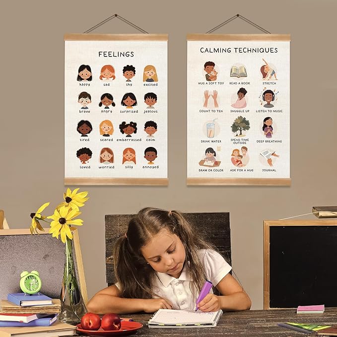 Feelings Chart & Emotional Learning Poster, Hanging Linen Canvas Wall Art with Solid Wood Frame, Montessori Social Skills Poster for Kids, Home & Classroom Decor – 2Piece Set 12x16 Inches (Feelings)