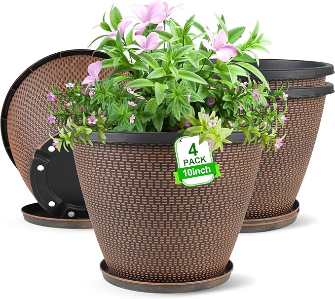 4 Pack 10 inch Plant Pot for Outdoor Indoor, Plastic Flower Pots with Drainage Holes & Saucers, Lightweight Large Outdoor Planter Pot, Imitation Knit Pots for Garden House Planters (Black Copper)