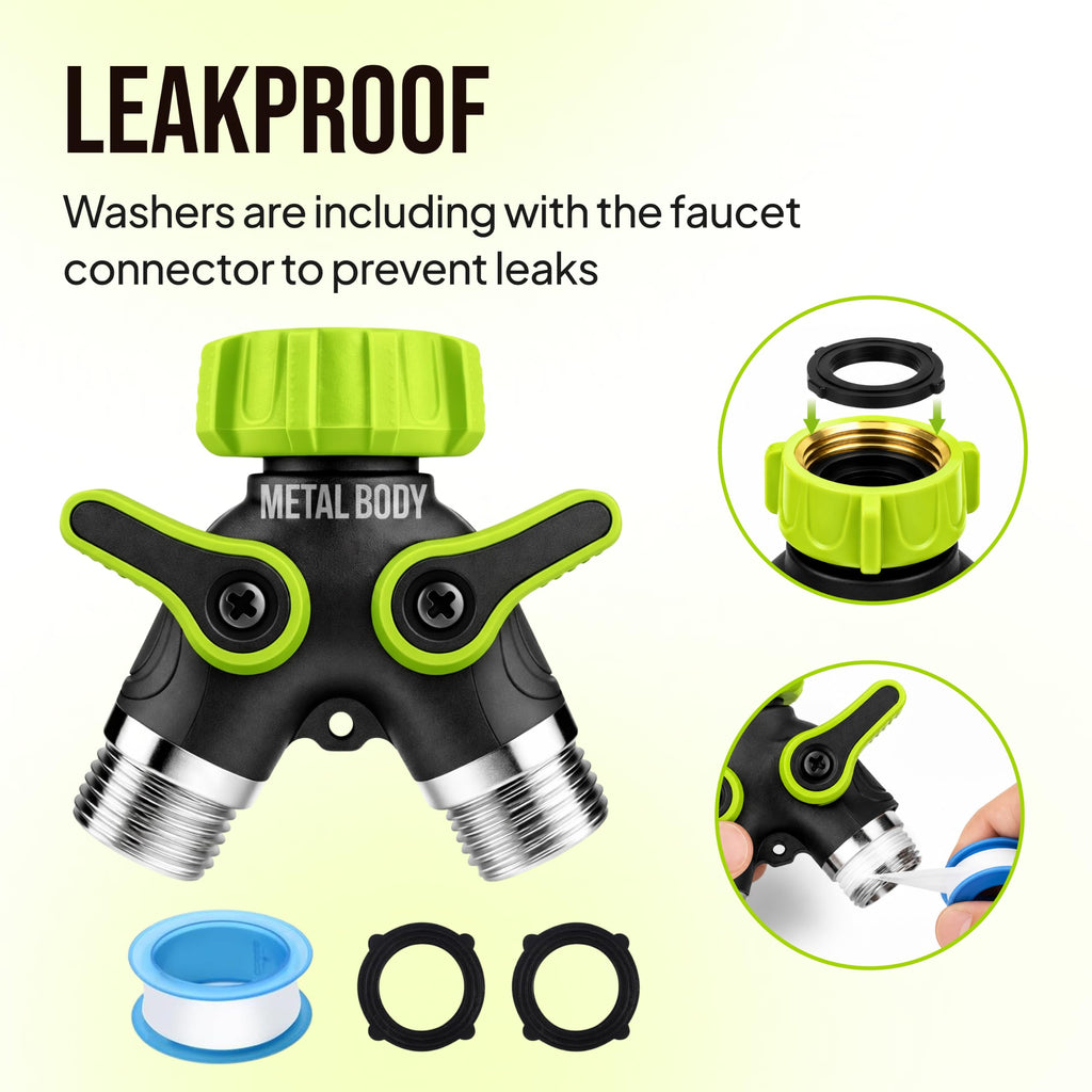2 Way Hose Splitter Heavy Duty - Metal Y Garden Hose Splitter with Shutoff Valves, Brass Outdoor Faucet Adapter for Spigot, 3/4 Inch GHT Water Hose Connector - Green
