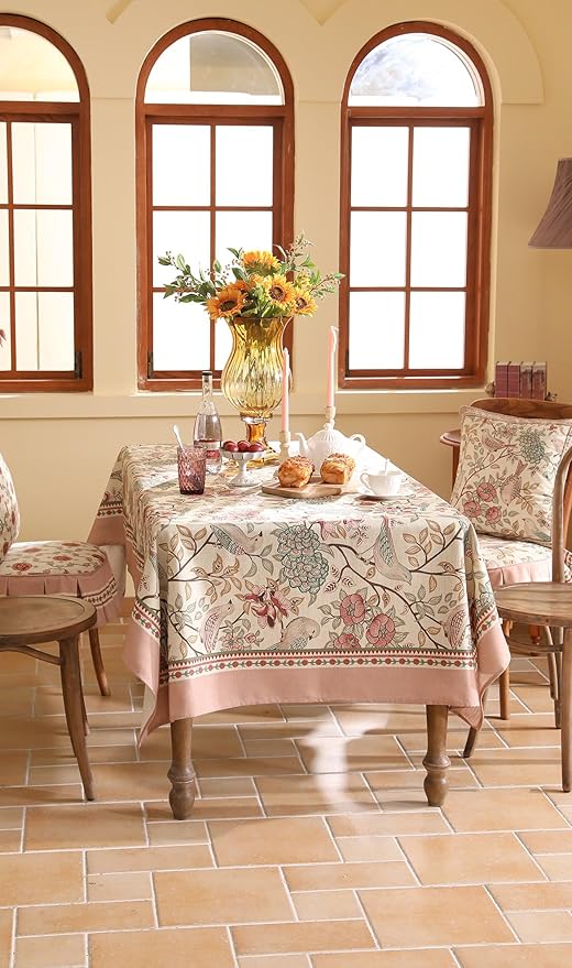 patdrea Designer Pink Linen Table Cloth for Rectangle Table,Vintage Floral with Birds Pattern Decorative Tablcloth,French Table Cover for Kitchen Dining,Thanksgiving,Christmas,63"x110"-Kulom a