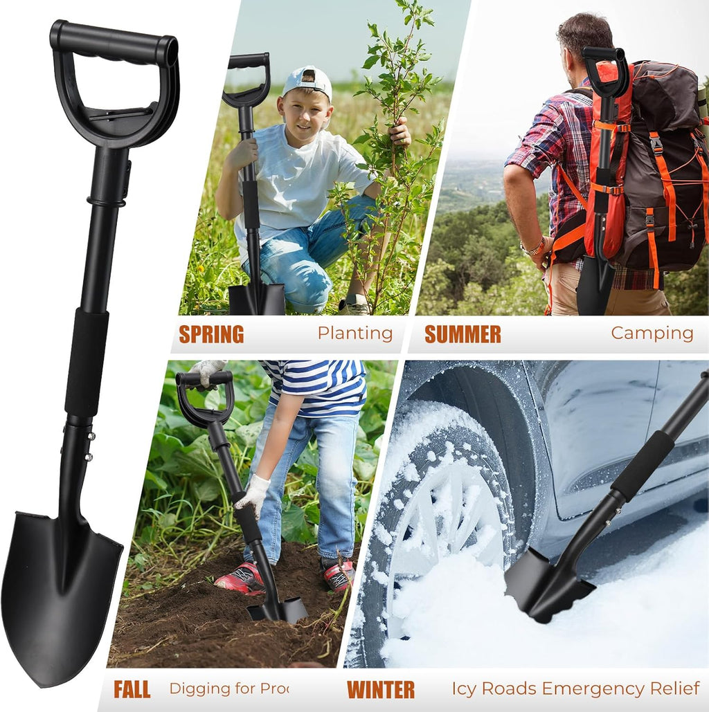 31" Compact Garden Shovel with D-Grip Handle - Rust-Proof Lightweight Metal Tool for Raised Beds, Tight Spaces & Emergency Use (Kids/Adults Friendly), Black