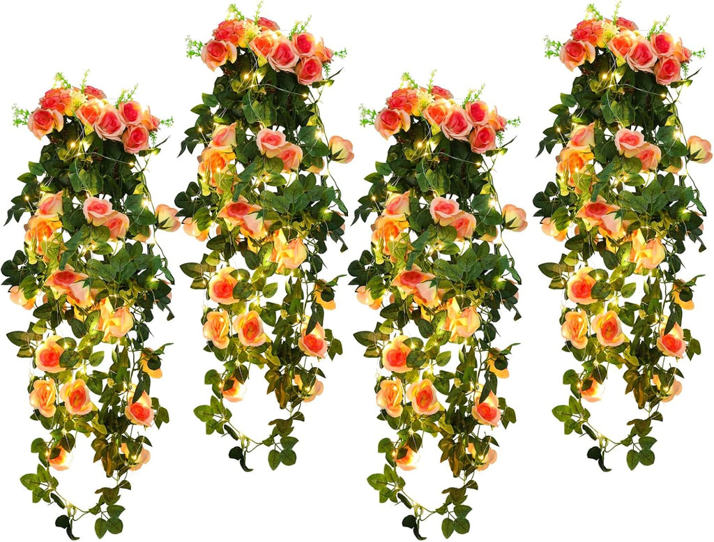 RECUTMS 4pcs Hanging Rose Flower Artificial Plants 32-in Fake Ivy Vine with 30 LED Fairy String Lights Outdoor UV Resistant Plastic Roses for Home Room Wedding Decor (Champagne)