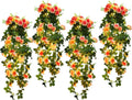 RECUTMS 4pcs Hanging Rose Flower Artificial Plants 32-in Fake Ivy Vine with 30 LED Fairy String Lights Outdoor UV Resistant Plastic Roses for Home Room Wedding Decor (Champagne)