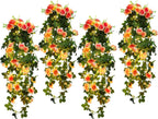 RECUTMS 4pcs Hanging Rose Flower Artificial Plants 32-in Fake Ivy Vine with 30 LED Fairy String Lights Outdoor UV Resistant Plastic Roses for Home Room Wedding Decor (Champagne)