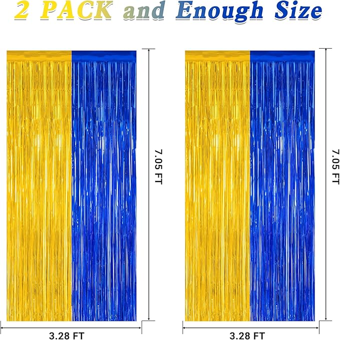 2 Pack Graduation Backdrop, 3.28 FT x 7.05 FT Class of 2025 Decorations, Blue Gold Fringe Curtains Tinsel Backdrop Party Streamer, Metallic Blue and Gold Graduation Decorations 2025
