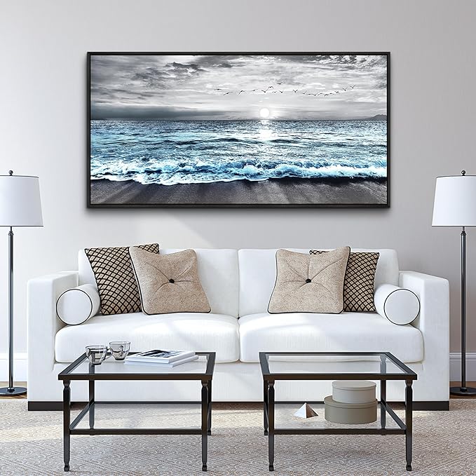 Wapluam Large Wall Art For Living Room Wall Decor For Bedroom Office Wall Decorations Black And White Wall Painting Blue Sea Wave Pictures Artwork For Modern Black Framed Beach Canvas Prints Poster