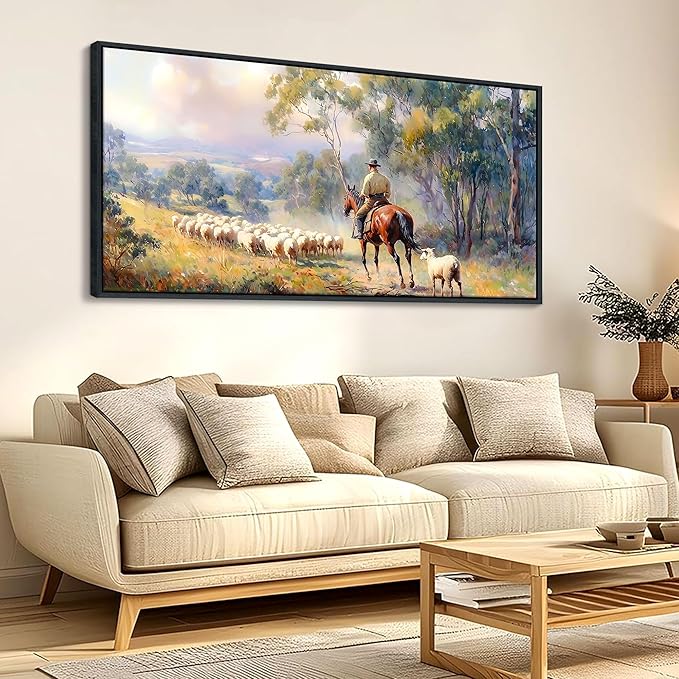 JEAWA Large Framed Canvas Painting - 24x48 IN Western Shepherding Landscape Wall Decor, Picture with Trees, sheeps and Fine Horse, Shepherd Art Prints for Bedroom Living Room Home Decoration