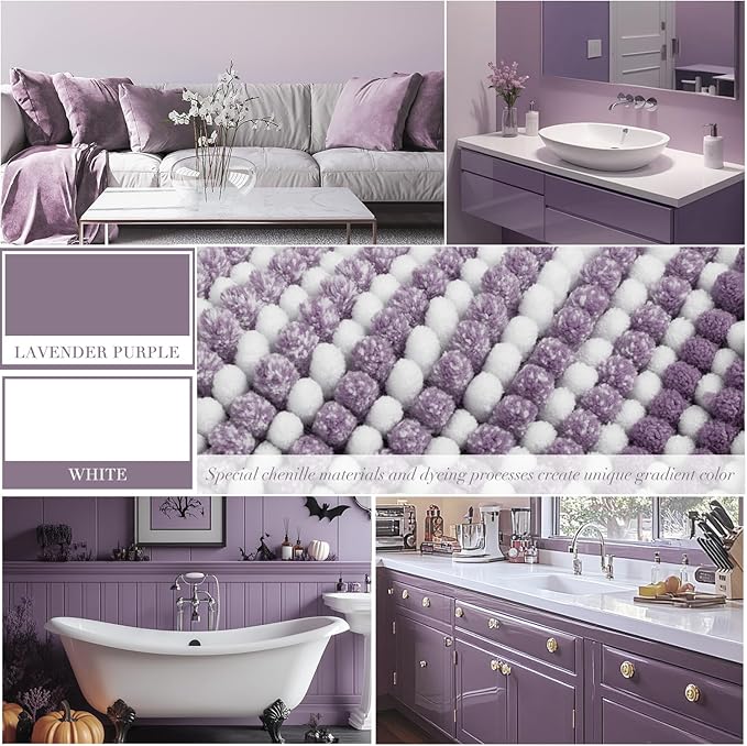 Bathroom Rugs and Mats Sets, 2 Piece Thick Absorbent Chenille Bath Mat Rug Set Non Slip, Soft Shaggy Bath Room Floor Mats for Bathroom, Machine Washable (Lavender Purple, 20" x 32" Plus 16" x 24")