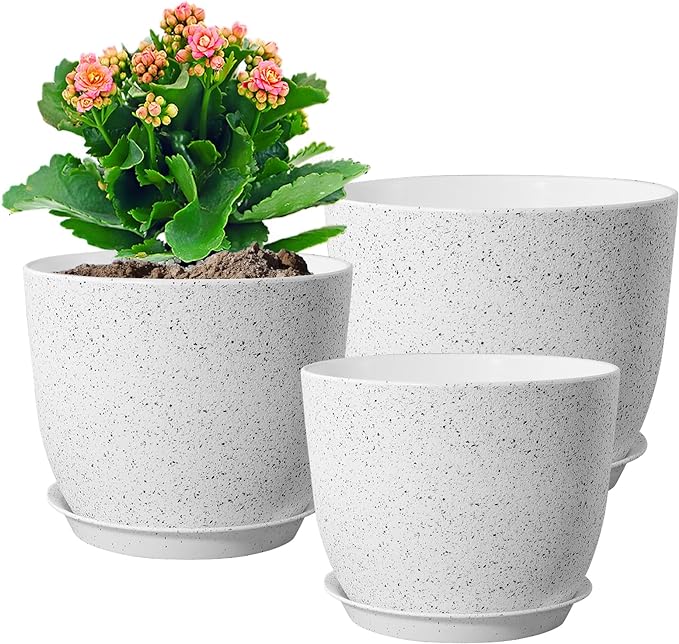 Large Flower Pots 12/10/9 inch, Set of 3 Modern Decorative Plastic Planters with Drainage Holes and Saucers for Garden House Plants, Plant Pots for Indoor Outdoor Plants, Speckled White