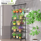 GIOTORENT Plant Stand Indoor Outdoor, 4-Tier Heavy Duty Metal Shelves, Display up to 17 Multiple Plants, Tall Plant Holder with Plant Hanger, Suit for Patio Living Room Garden Balcony, 5 Hooks, Black
