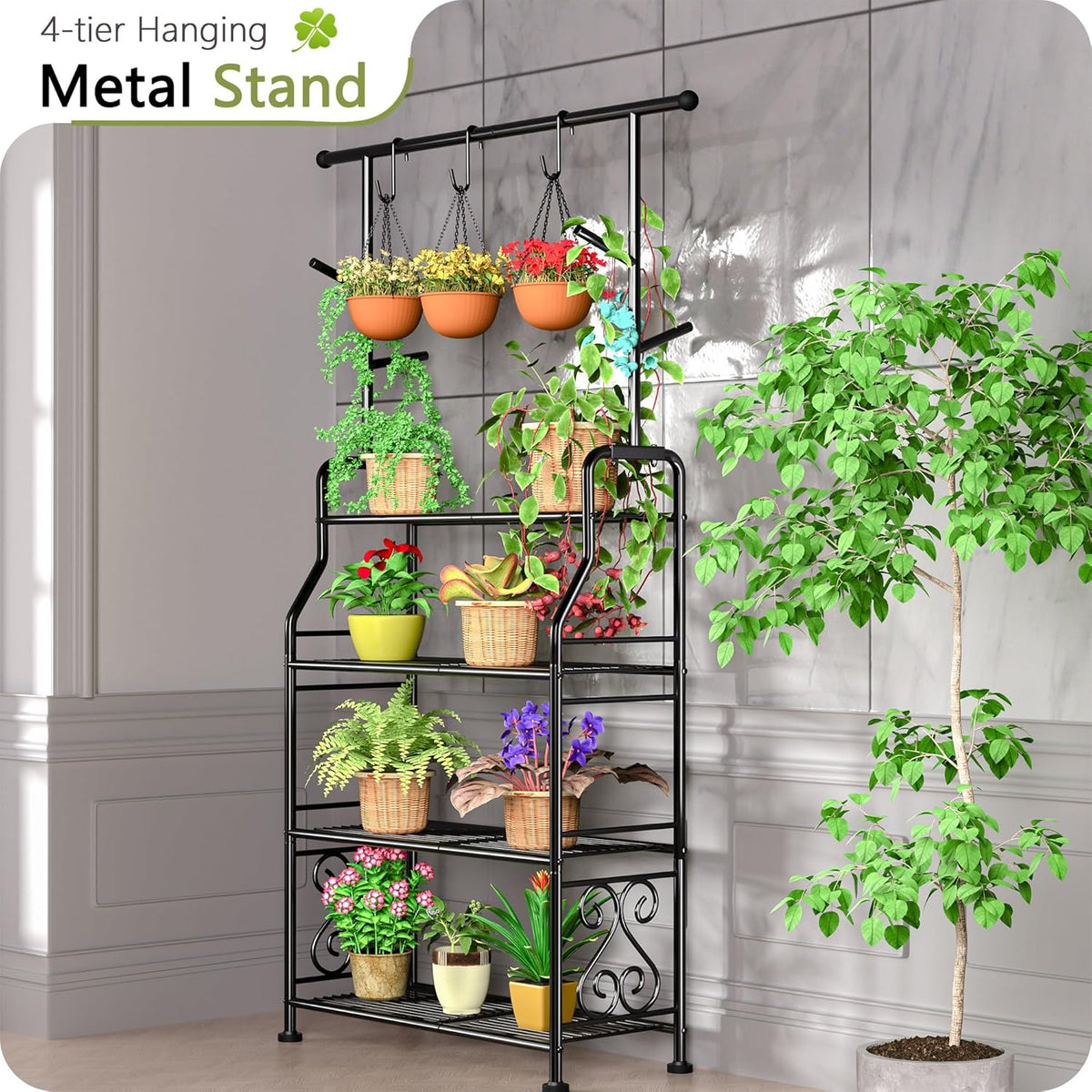 GIOTORENT Plant Stand Indoor Outdoor, 4-Tier Heavy Duty Metal Shelves, Display up to 17 Multiple Plants, Tall Plant Holder with Plant Hanger, Suit for Patio Living Room Garden Balcony, 5 Hooks, Black
