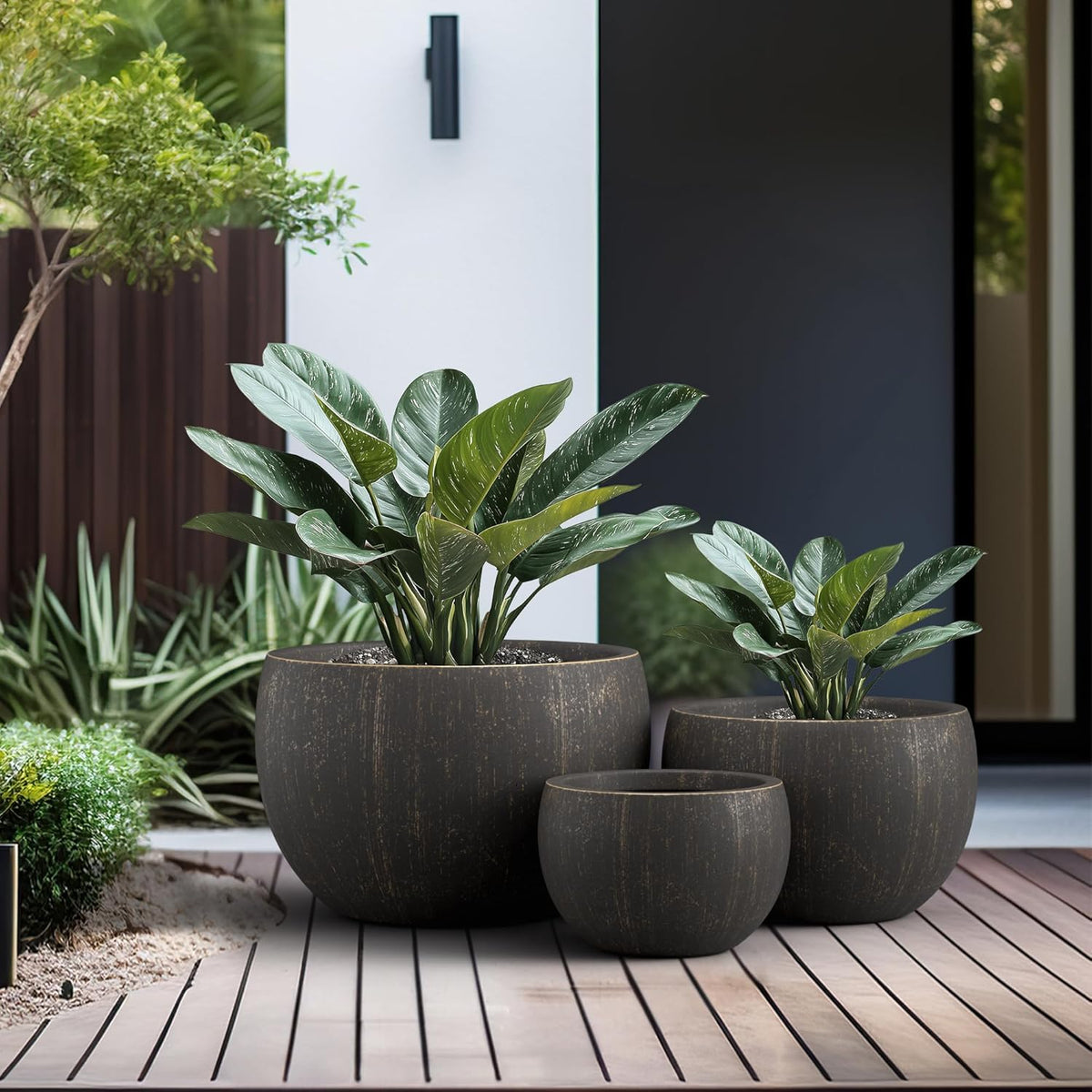 Kante 19.9",15.7",11.8" Dia Round Concrete Planter Set of 3, Outdoor/Indoor Large Bowl Plant Pots with Drainage Hole and Rubber Plug for Garden Patio Balcony Home, Oil Rubbed Bronze
