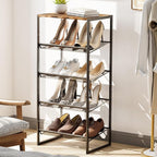 Garden 4 you 5 Tiers Narrow Shoe Rack,Small Space Freestanding Shoe Storage Organizer with Brown Wooden Tabletop,Adjustable Metal Shelf Stackable Shoe Shelf for Entryway Hallway Living Room Closet