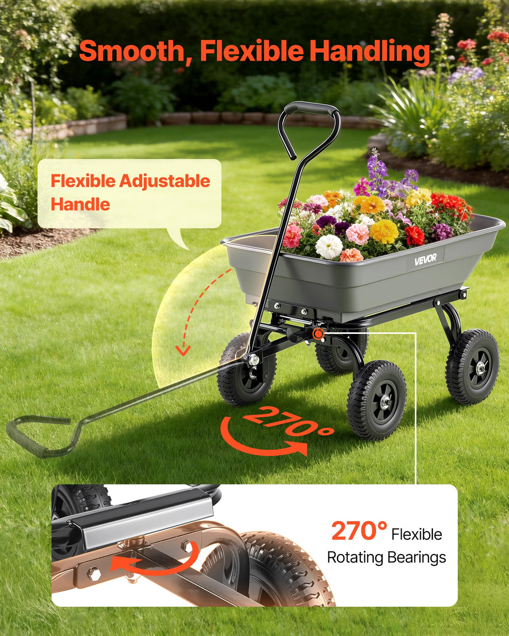 VEVOR 400LBS Wheelbarrow, Poly Garden Dump Cart Wagon with 8" Flat Free Tires, Heavy Duty Wheel Barrow Yard Cart Dump Wagon with Quick-Release System