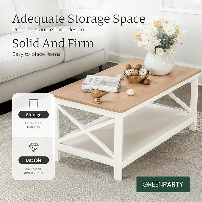GREEN PARTY Coffee Tables for Living Room, Simple Wooden Stable Coffee Table with Shelf,Open Storage Space with Large Capacity Coffee Table,40 Inches, White