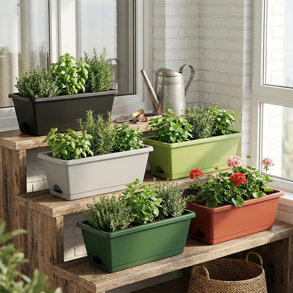 CAKKVDE 7 Pack 17 Inch Rectangular Plastic Window Box Planters(Brick-red)