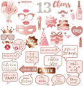 13th Birthday Party Photo Booth Props and Signs, Rose Gold 13 Birthday Party Selfie Props Kit with Sticks for Girls, Thirteen 13th Happy Birthday Party Decorations Supplies Favors