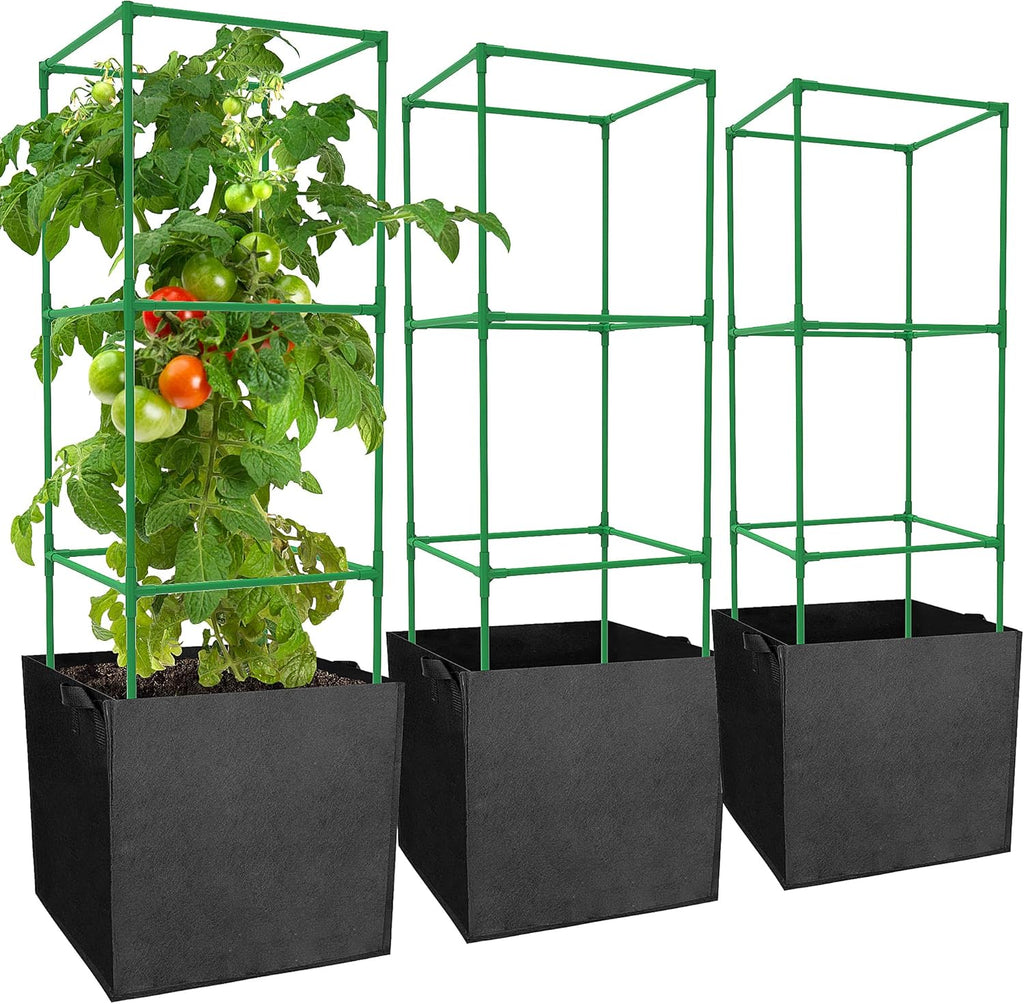 3 Packs 47 x 16 x 16 Inch Garden Tomato Cages with 17.7 Gallon Grow Bags- Square Plant Support Trellis Assembled with Planter Bags- Garden Cucumber Vegetables Frames for Vertical Climbing Plants