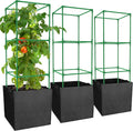 3 Packs 47 x 16 x 16 Inch Garden Tomato Cages with 17.7 Gallon Grow Bags- Square Plant Support Trellis Assembled with Planter Bags- Garden Cucumber Vegetables Frames for Vertical Climbing Plants