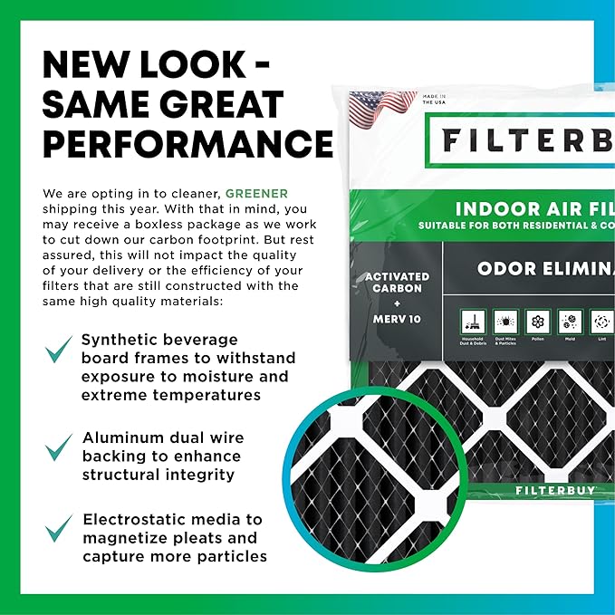 Filterbuy 15x20x1 Air Filter MERV 10 Odor & Allergy Defense with Activated Carbon (3-Pack), Electrostatic Pleated HVAC AC Furnace Filters Replacement, Made in USA (Actual Size: 14.50 x 19.50 x 0.75)
