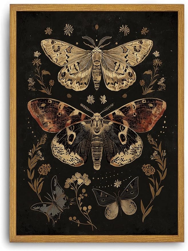 Djmwtb Vintage Framed Wall Art Moth Canvas Wall Art Prints Gothic Butterfly Floral Painting Boho Dark Academia Pictures Artwork for Living Room Bedroom Bathroom Office 12x16in