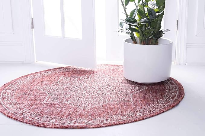 Unique Loom Outdoor Traditional Collection Area Rug - Antique (4' 1" Round, Rust Red/ Gray)