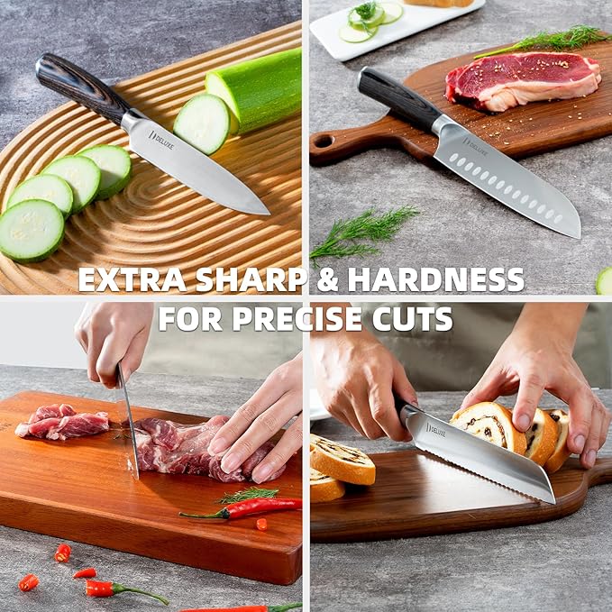 DELUXE 6 Pcs Kitchen Knife Sets, Powder Steel Forged Stainless Steel Knife Set with Block, Comes with Chef's, Santoku, Bread, Utility and Paring Knives, Ideal for All-Around Food Preparation