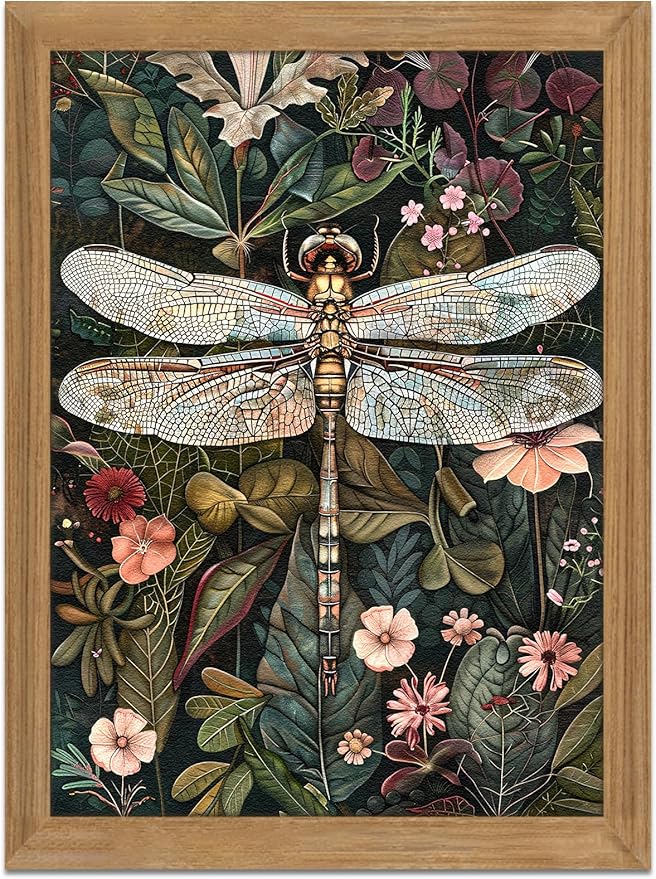 Framed Vintage 3D Textured Wall Art - Dark Green Dragonfly Flowers Wall Decor - Hand Drawn Sandstone Nature Botanical Pictures for Living Room Bedroom Home Decor 12x16in