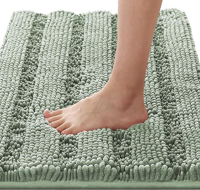 H.VERSAILTEX Bath Mats for Bathroom Non Slip Thick Chenille Striped Bath Rug Absorbent Fluffy Soft Shaggy Rugs Washable Dry Fast Plush Mats for Indoor, Bath Room, Tub - 17" x 24", Sage