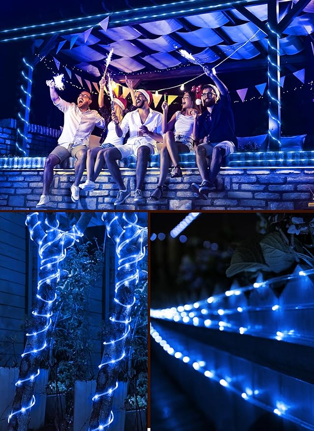 Brightown Solar Christmas Lights Outdoor Waterproof, 2 Pack Total 78FT 200 LED Solar Rope Lights with 8 Modes, Christmas Outdoor Decoration, Solar String Lights for Outside House Tree Halloween, Blue