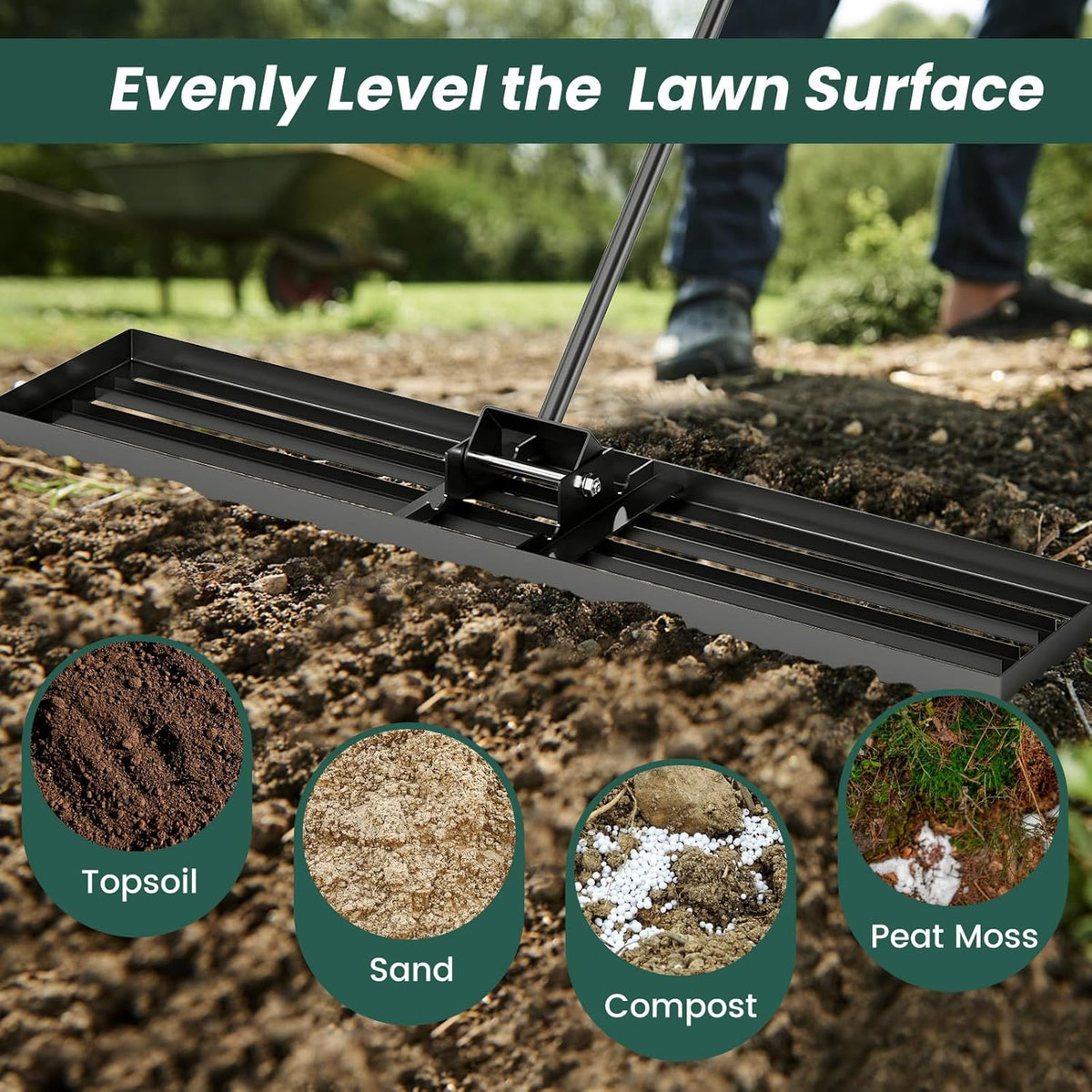 Goplus Lawn Leveling Rake, 46" x 10" Heavy Duty Level Lawn Tool w/ Ergonomic Handle for Soil, Effort-Saving Landscape Rake for Garden, Backyard, Golf Course, Farm, Pasture, Black