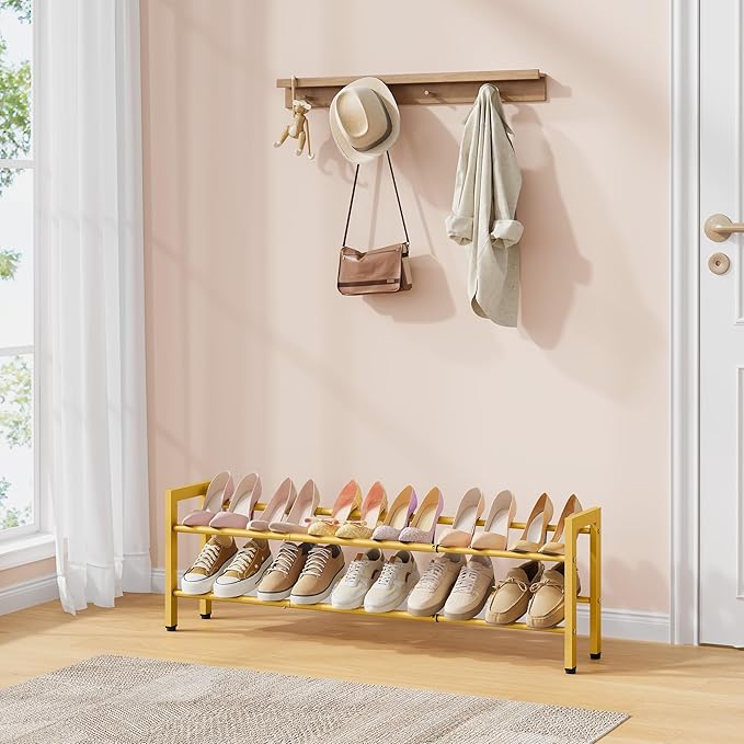 FAVOOSTY 2-Tier Expandable Shoe Rack, Adjustable Shoe Shelf Storage Organizer Space Saving Metal Free Standing Shoe Rack for Entryway Closet Doorway, Gold