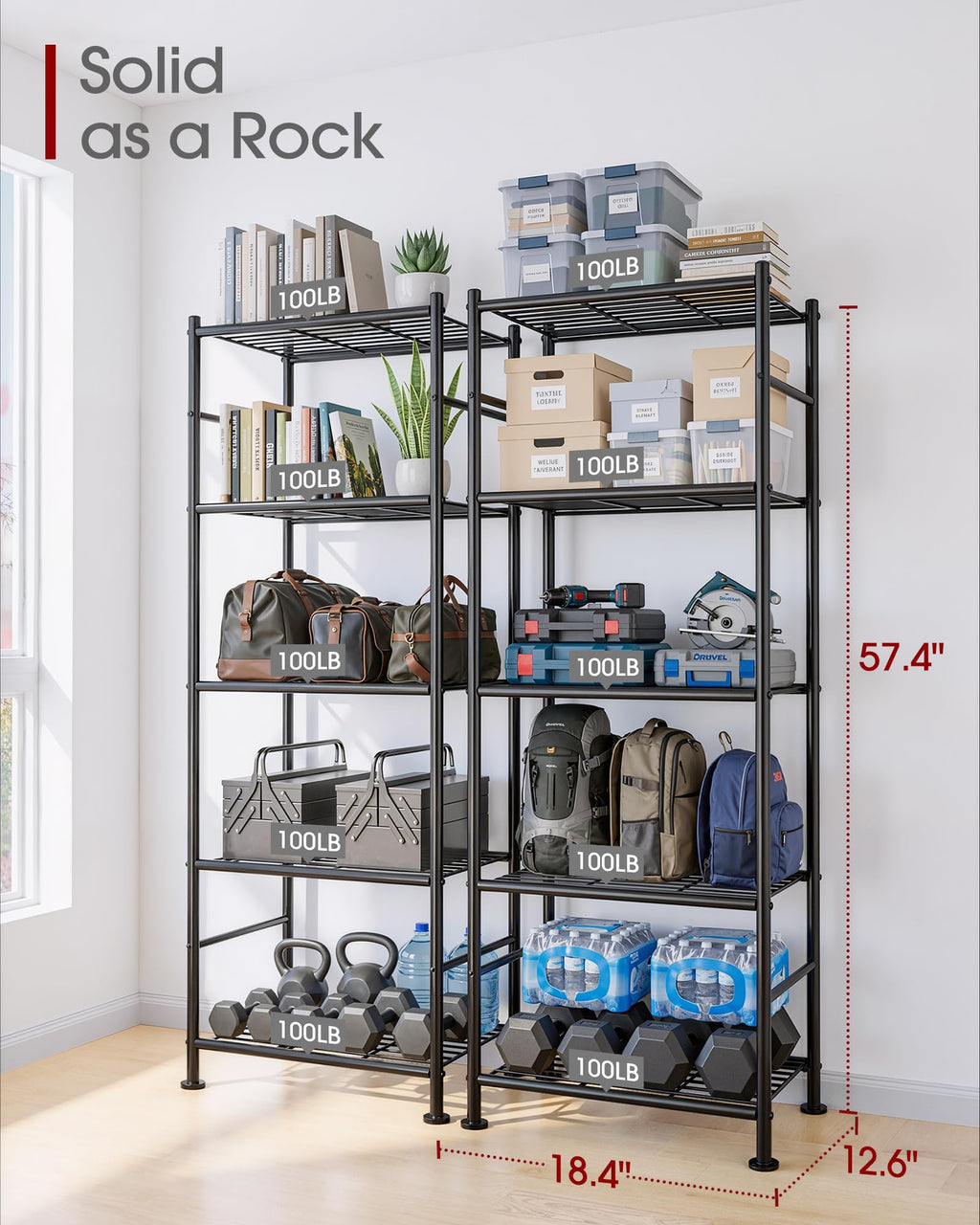 Sakugi Storage Shelves - Set of 2, 5-Tier Metal Shelf Organizer, Space-Saving Garage Shelving with Leveling Feet, Standing Shelves Organizer for Kitchen, Laundry, Pantry (18.4" x 12.6" x 57.4", Black)