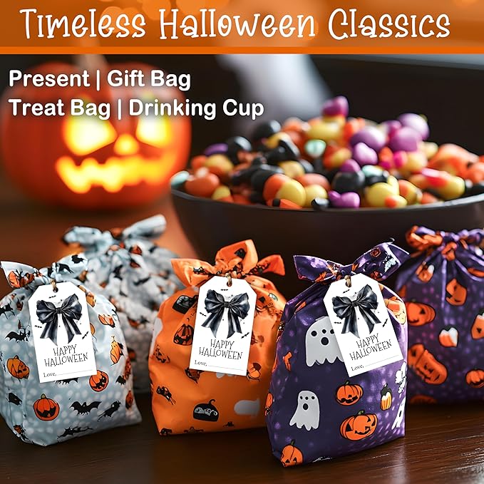 50 Pcs Halloween Tags with String, 2.1"×3.5" Bowknot Paper Gifts Tags, Bat Trick or Treat for Candy, Spider Happy Halloween Gifts Tag Wrap for Party Favor - B06