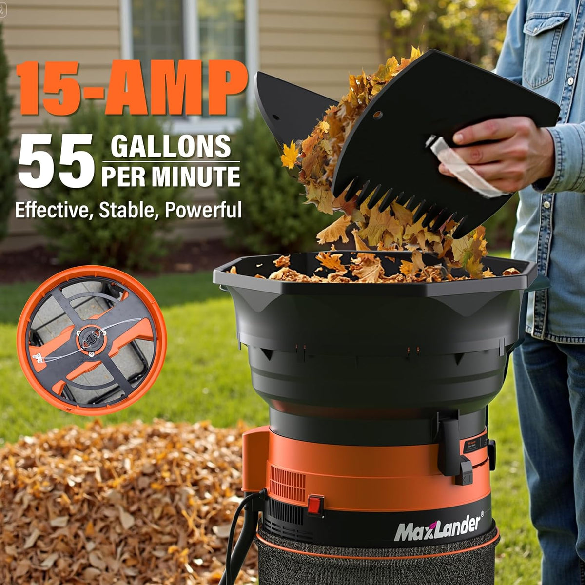 MAXLANDER Electric Leaf Mulcher/Shredder, 15 Amp 8400 RPM, 18:1 Ratio, Adjustable Dial, with Goggles, Leaf Scoops/Gloves, 20 Cutting Lines-Portable Garden/Yard Grinder & Chipper for Wet/Dry Leaves